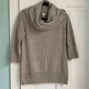 New York & Company Three Quarter Sleeve Knit Braided Turtleneck Tan Sweater M